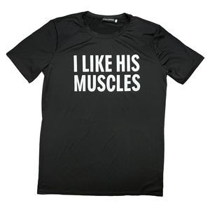 I LIKE HIS MUSCLES Size Medium Black T-Shirt Soft Comfy FancyQube Womens